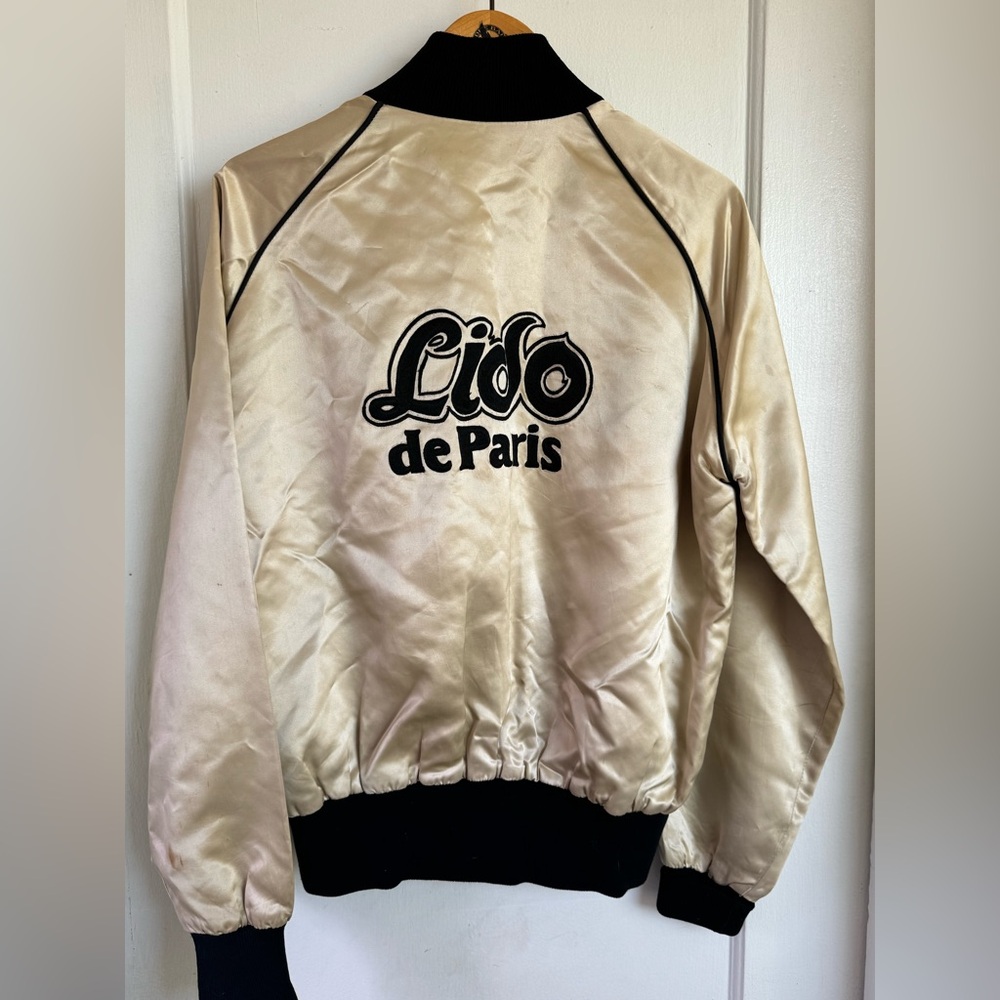 Vintage Lido de Paris Satin Bomber Jacket Cream Edelweiss Lining California L